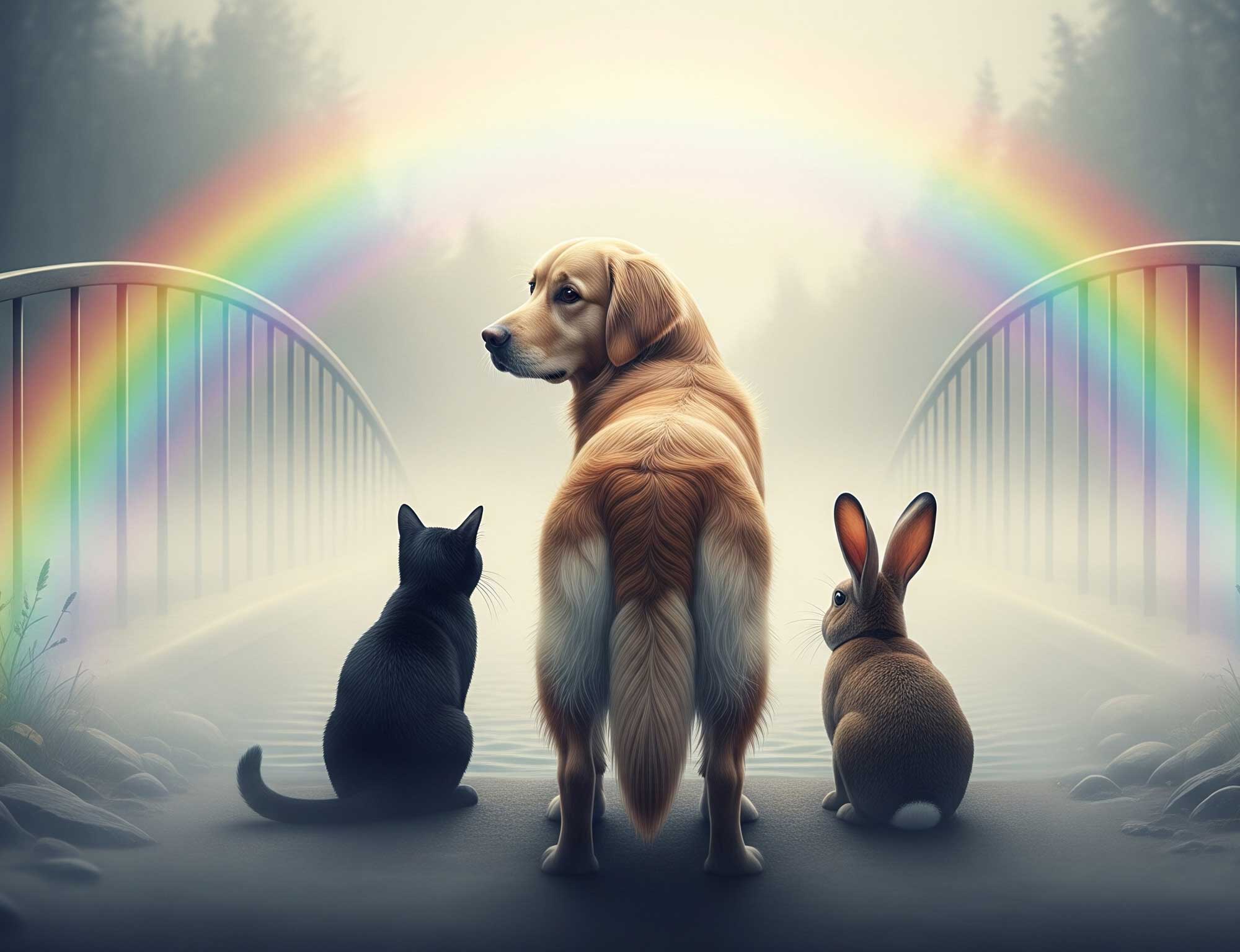 A peaceful meadow with a rainbow, symbolising the Rainbow Bridge where pets wait